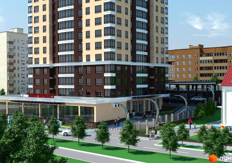 Житловий комплекс Шулявський з сучасним фасадом та прибудинковою територією, де розташовані зелені насадження та дитячий майданчик.