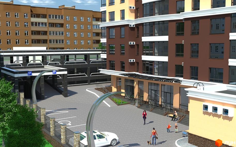 Зовнішній вигляд житлового комплексу Шулявський з паркінгом та прибудинковою територією. На території гуляють люди та грають діти.