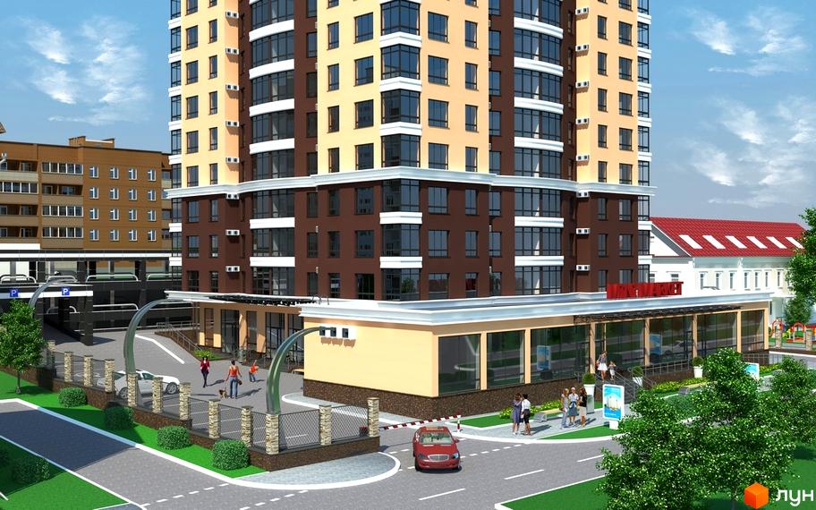 Житловий комплекс Шулявський з сучасною архітектурою, прибудинкова територія з парком і дитячим майданчиком.