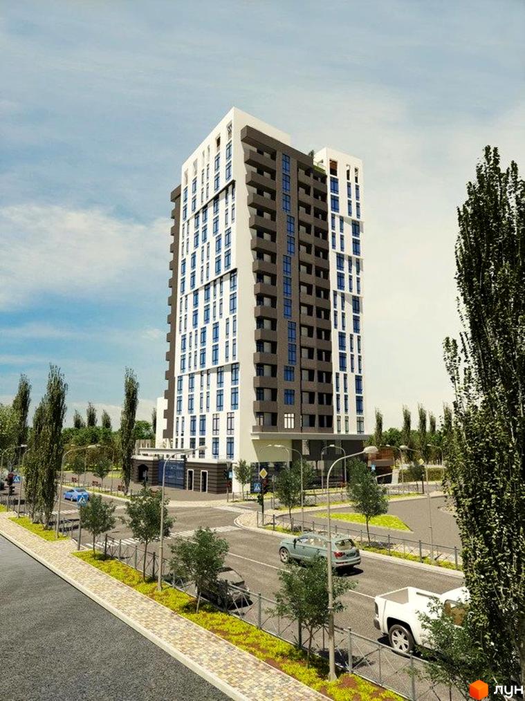 Новобудова ЖК Paradise Life з біло-сірим фасадом та численними вікнами, розташована біля дороги з деревами та автомобілями.