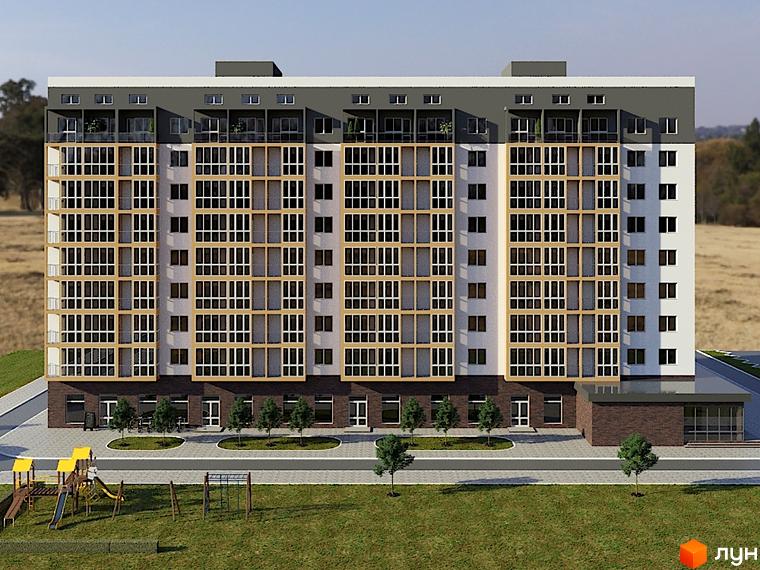 Житловий комплекс Перлина Поділля - багатоповерховий будинок з великою кількістю вікон та балконів, перед будинком розташований дитячий майданчик та зелена зона.