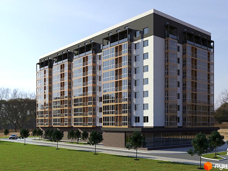 Житловий комплекс Перлина Поділля – це багатоповерхова новобудова з великою кількістю скління, балконами та терасами. Навколо будівлі розташовані зелені насадження та дорога з автомобілем.