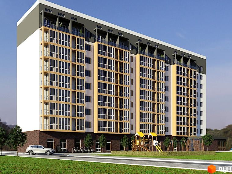 Зовнішній вигляд новобудови ЖК Перлина Поділля з великою кількістю вікон та балконів. На прибудинковій території розташований дитячий майданчик та зелена зона.