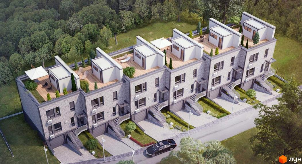 Зображення таунхаусів SovSky House з терасами на даху. Навколо будівель зелені насадження та доглянута територія.