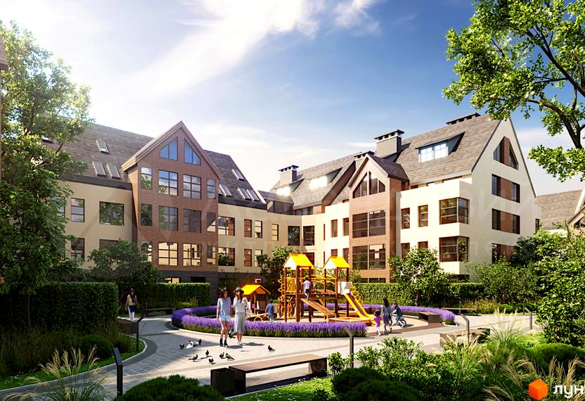 Зображення фасаду та подвір'я Житлового комплексу Лавандовий. На території є дитячий майданчик та ландшафтний дизайн.