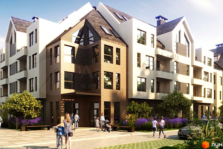 Зовнішній вигляд Житлового комплексу Лавандовий, фасади будинків з великими вікнами. На передньому плані пішохідна зона з лавками та зеленню.