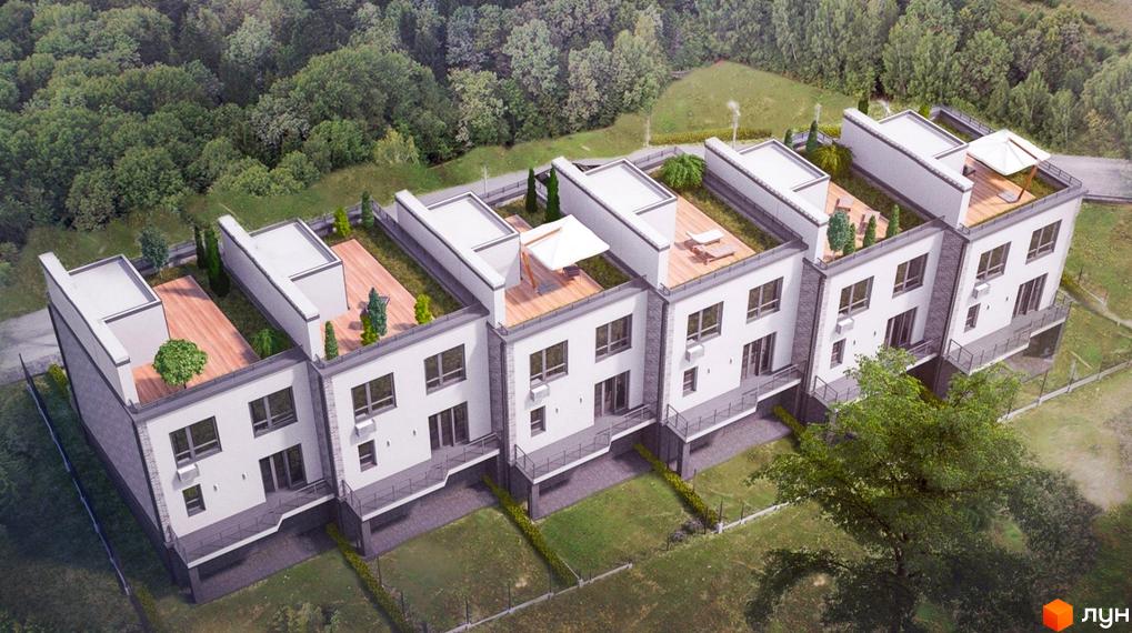 Зображення таунхаусів SovSky House з терасами на даху. Навколо будинків зелена територія та ліс.