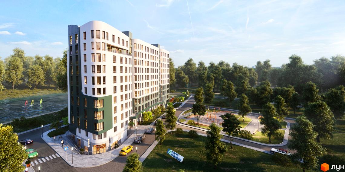 Новобудова Парус Riverside з біло-зеленим фасадом та панорамними вікнами. Поруч розташований парк з дитячим майданчиком та водойма з вітрильниками.