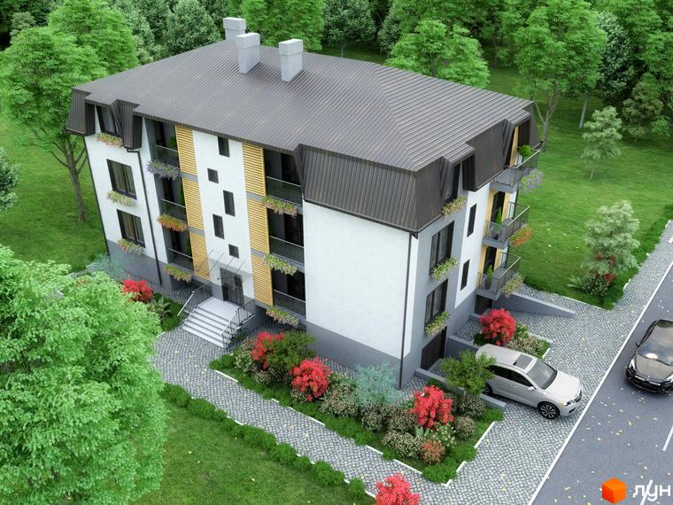 Новобудова на вул. Агатангела Кримського, 28, має сірий дах, біло-сірий фасад та балкони. Прибудинкова територія озеленена з доріжками та парковкою.