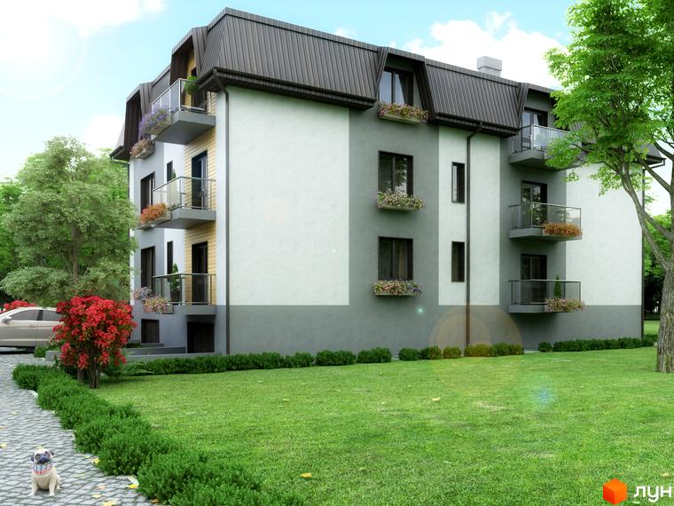 Багатоквартирний будинок з двоколірним фасадом та балконами з квітами. Прибудинкова територія має зелений газон, вимощену доріжку та дерева.