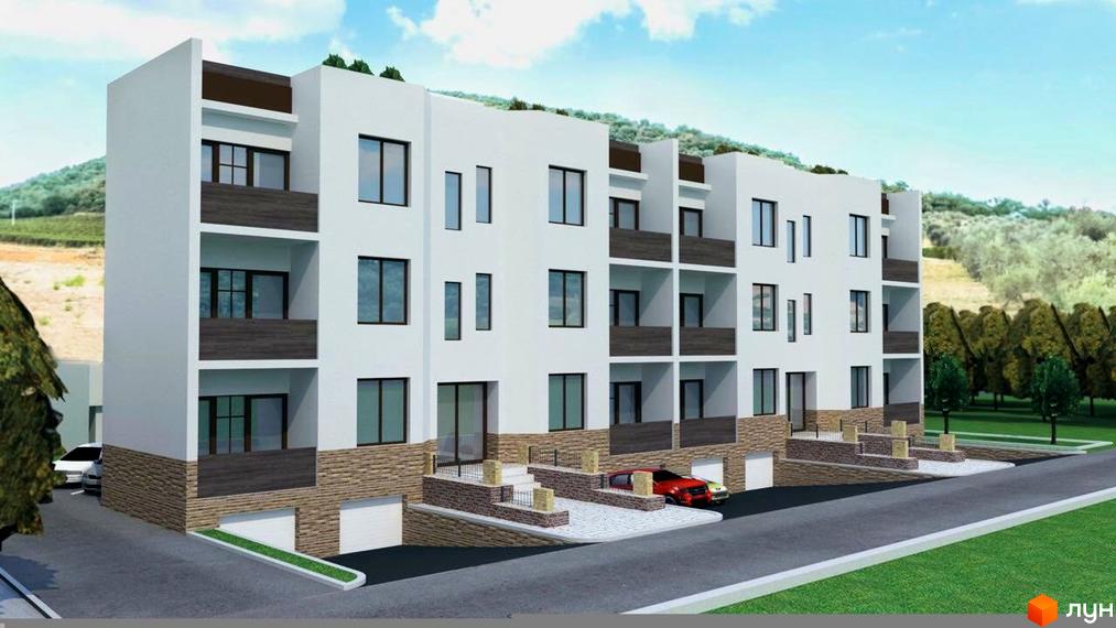 Зовнішній вигляд багатоквартирного будинку на вулиці Івана Дзюби (Академіка Павлова), 17, з балконами та гаражними воротами. На прибудинковій території видно автомобілі та зелені насадження.