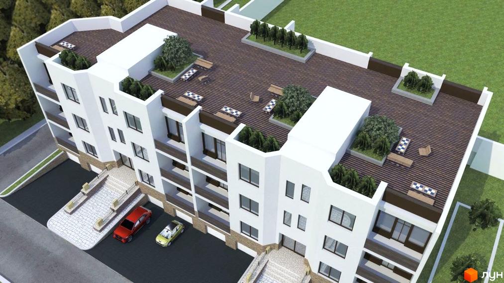 Зовнішній вигляд житлового комплексу на вул. Івана Дзюби (Академіка Павлова), 17, з терасою на даху та прибудинковою територією. Фото новобудови з паркуванням та зеленими зонами.