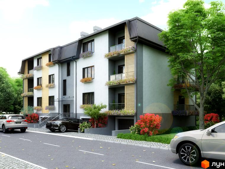 Зовнішній вигляд будинку Житлового комплексу по вул. Трамвайна, 15. Фасад будівлі виконаний у світлих тонах, на балконах розміщені квіти, поруч прибудинкова територія з деревами.