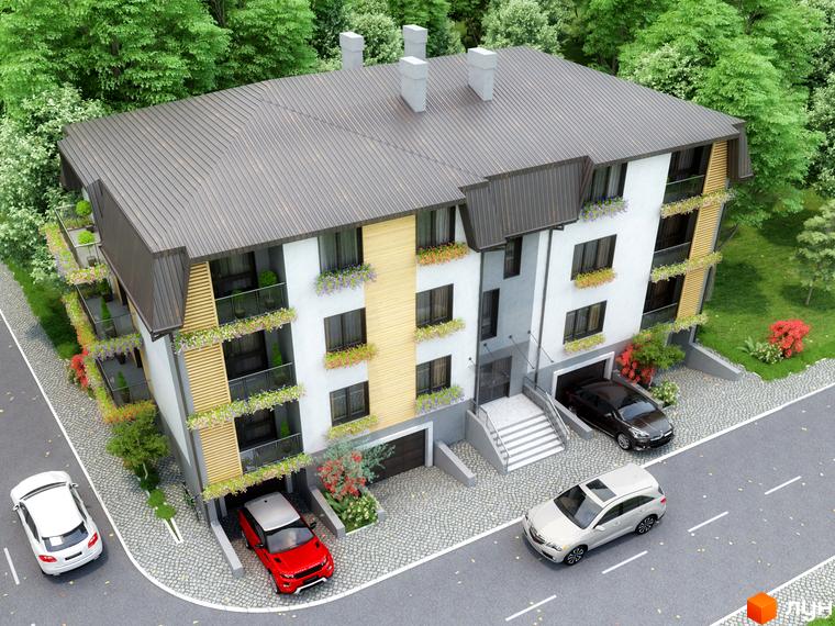 Триповерхова новобудова з гаражами та балконами, поруч з якою розташовані автомобілі. Навколо будинку зелені насадження та асфальтована дорога.