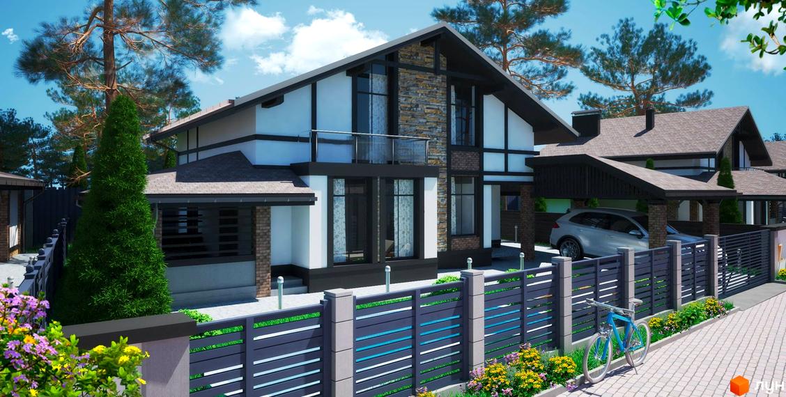 Котеджне містечко KMLakewood: двоповерховий будинок з великими вікнами та балконом, огороджена територія з доглянутим газоном та квітами.