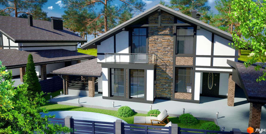 Зображення будинку в Котеджному містечку LakeWood з великими вікнами та кам'яним оздобленням. Навколо зелена прибудинкова територія з басейном.