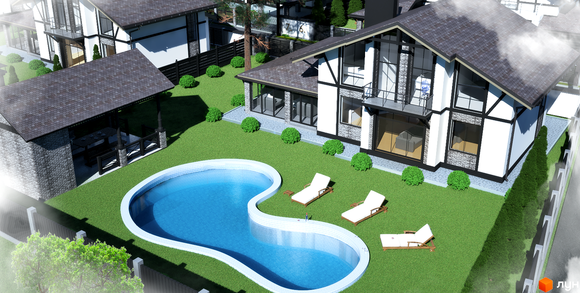 Вигляд котеджу з басейном та зоною відпочинку в Котеджному містечку LakeWood. Ландшафтний дизайн та зелений газон.