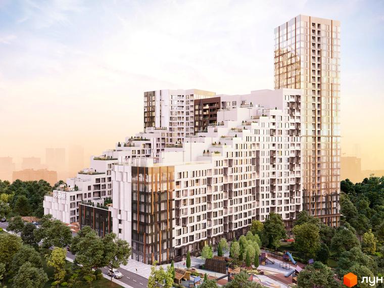 Зображення Житлового комплексу Fjord: багатоповерховий будинок з каскадною архітектурою та висотна будівля поруч. На передньому плані зелені насадження та дитячий майданчик.