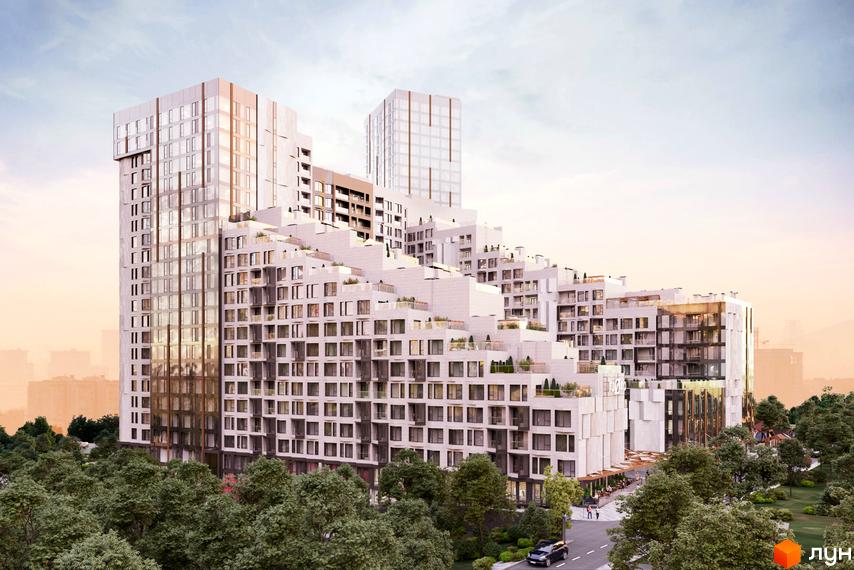 Багатоповерховий житловий комплекс Fjord з терасами та ступінчастою архітектурою, оточений зеленими насадженнями та доріжками.