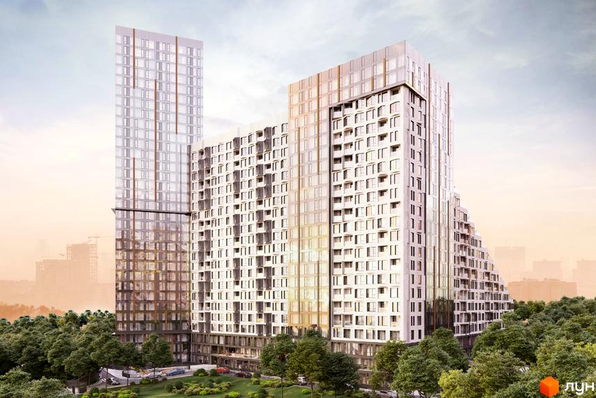 Житловий комплекс Fjord: високі будівлі зі світлими фасадами та великими вікнами. Навколо розташована озеленена територія з деревами та парковкою.