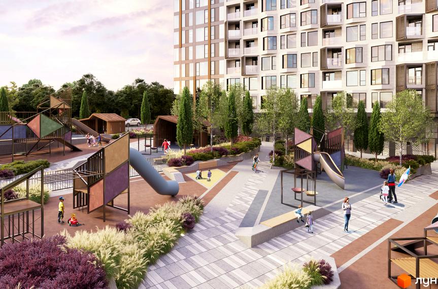 Житловий комплекс Fjord: багатоповерховий будинок та великий двір з дитячими майданчиками, зеленими насадженнями.