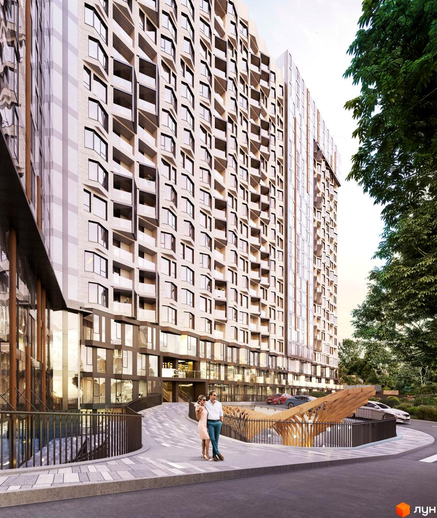 Житловий комплекс Fjord з високим фасадом, що має вікна та балкони з рельєфним оздобленням. Прибудинкова територія з пішохідною зоною, пандусом і деревами.