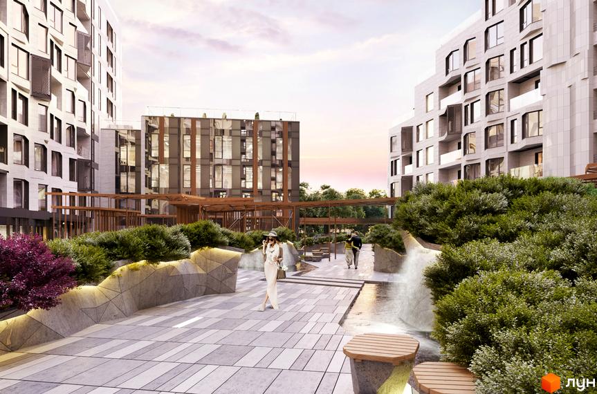 Зображення житлового комплексу Fjord з фасадом та прибудинковою територією. Вигляд на будівлю з ландшафтним дизайном та пішохідною зоною.