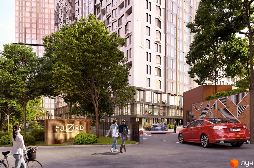 Житловий комплекс Fjord: високі будинки зі світлими фасадами та великими вікнами. На території багато зелені, є дорога та вивіска Fjord.