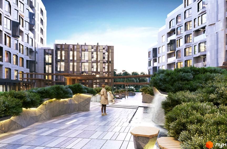 Зображення житлового комплексу Fjord з виглядом на будівлю та прибудинкову територію. На передньому плані пішохідна зона з лавками.