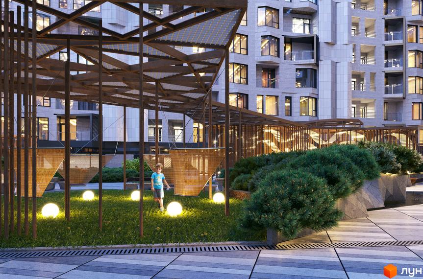 Житловий комплекс Fjord має багатоповерховий фасад з великими вікнами та балконами. Прибудинкова територія облаштована газоном, сферичними ліхтарями та дерев'яною перголою.