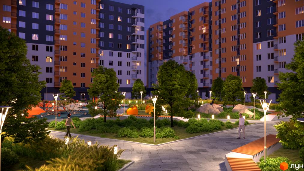 Житловий комплекс Сімейний COMFORT. Сучасна архітектура будинків з помаранчевими та сірими фасадами. Затишна прибудинкова територія з дитячим майданчиком, зеленими насадженнями та місцями для відпочинку.