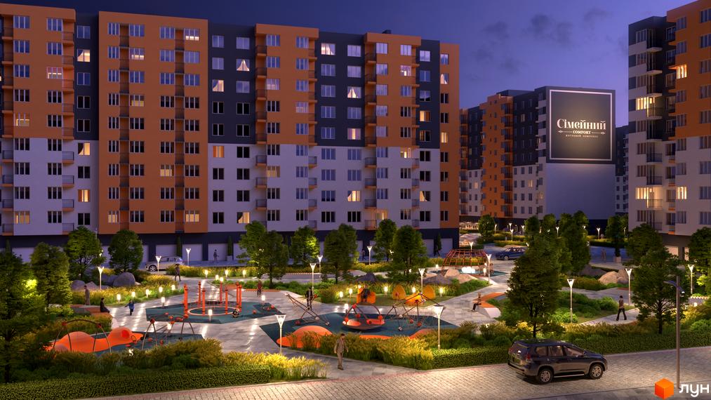 Житловий комплекс Сімейний COMFORT з яскравими фасадами та сучасною прибудинковою територією з дитячими майданчиками та зонами відпочинку.