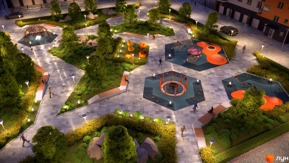 Житловий комплекс Сімейний COMFORT. Сучасний дизайн прибудинкової території з дитячими майданчиками та зонами відпочинку.