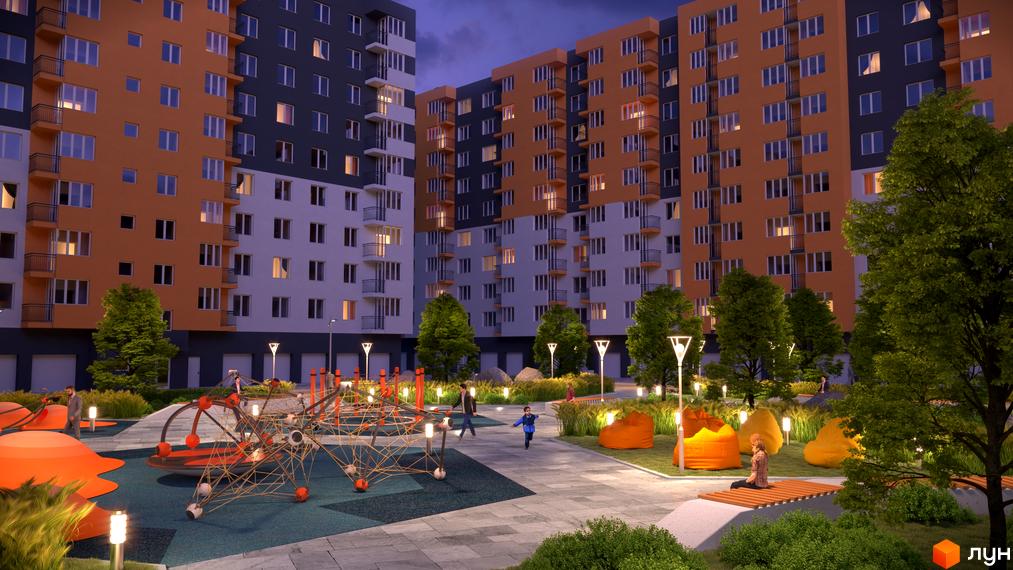 Зовнішній вигляд новобудови ЖК Сімейний COMFORT з оранжевими та сірими фасадами. На прибудинковій території розташований дитячий майданчик та місця для відпочинку.