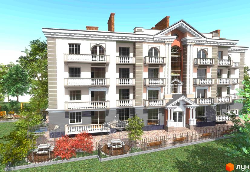 Житловий комплекс Паннонія: фасади будівель з балконами та колонами, прибудинкова територія з альтанками та зеленими насадженнями.