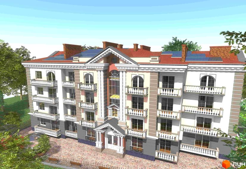 Житловий комплекс Паннонія - архітектурний проєкт з балконами та цегляними димоходами на даху. Навколо будівлі зелені дерева та огороджена територія.