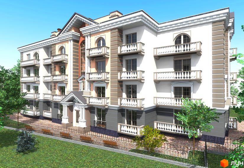 Зображення фасаду Житлового комплексу Паннонія з балконами та прибудинковою територією з лавками і деревами.