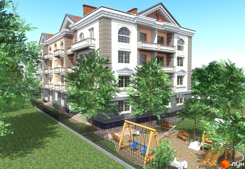 Житловий комплекс Паннонія: фасади будівель з балконами та вікнами, дитячий майданчик з гойдалками та гіркою.