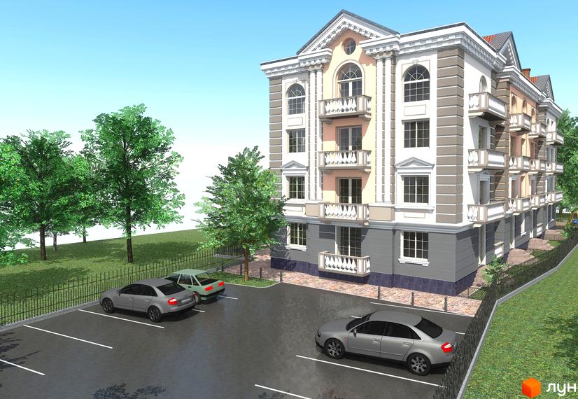 Житловий комплекс Паннонія: фасади будівель з балконами та колонами, парковка з автомобілями та зелені насадження.