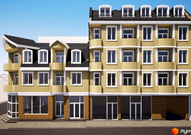 Зовнішній вигляд новобудови ЖК Unity, фасад з вікнами та балконами. Будівельний проєкт з елементами класичної архітектури.