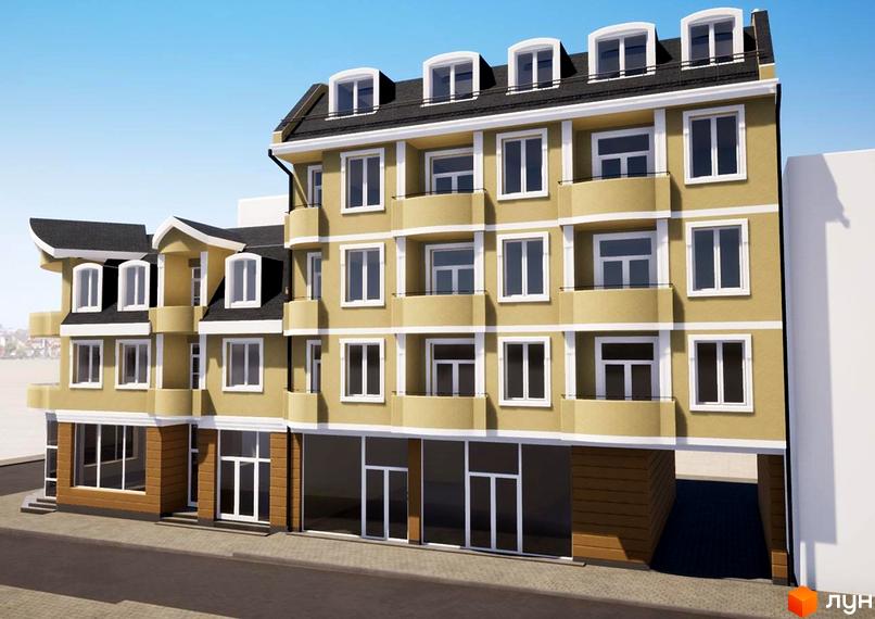 Зовнішній вигляд житлового комплексу Unity, що складається з декількох секцій різної висоти з мансардними вікнами та балконами. Фасад оздоблений бежевою штукатуркою та коричневими дерев'яними елементами.