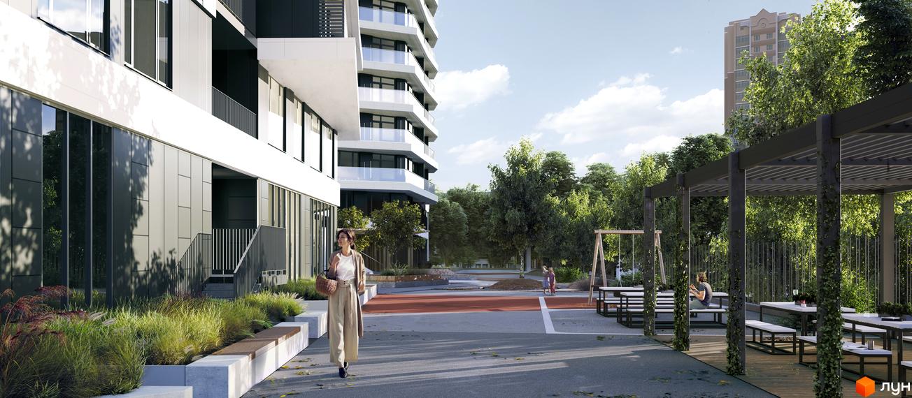 Житловий комплекс Diadans: сучасна архітектура та затишна прибудинкова територія з зонами відпочинку та дитячим майданчиком.