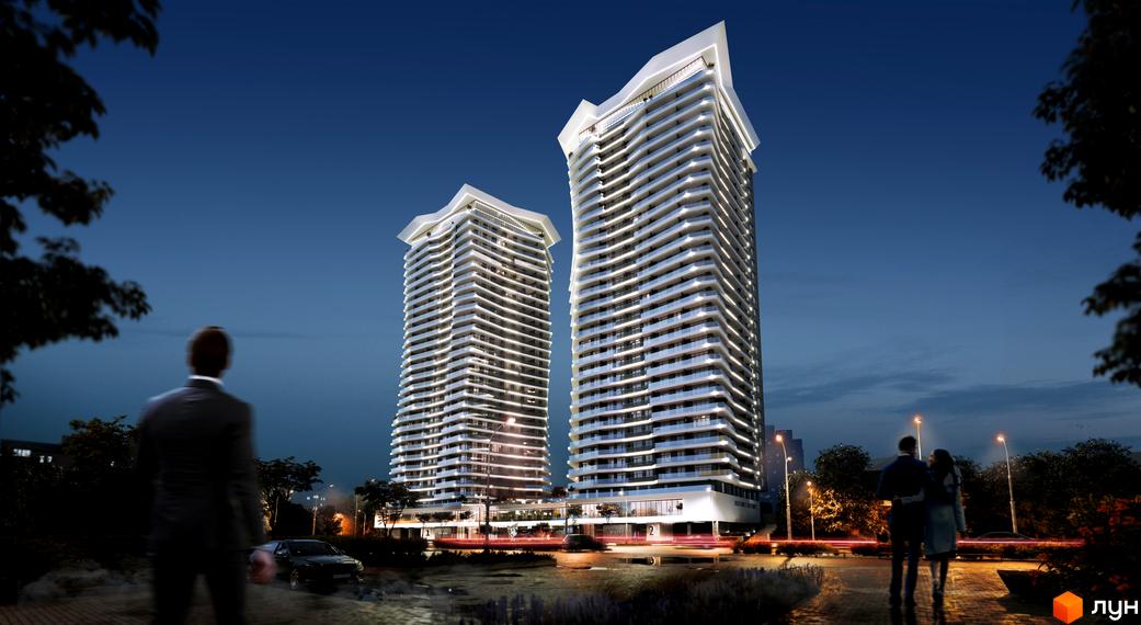 Житловий комплекс Diadans - дві висотні будівлі з хвилястими фасадами та підсвіткою. Навколо - вечірній пейзаж з деревами, ліхтарями та людьми.
