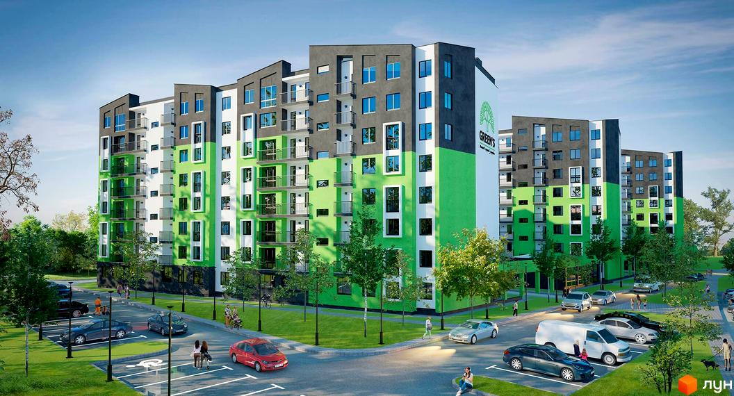 Житловий комплекс Green's: багатоповерхові будинки у зелено-біло-сірих тонах. Прибудинкова територія з паркінгом, деревами та пішохідними доріжками.