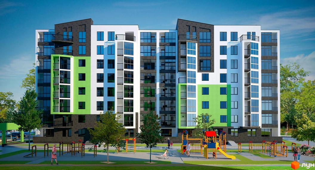 Житловий комплекс Green's з біло-сіро-зеленим фасадом та великими вікнами. На прибудинковій території облаштовано дитячий майданчик та дерева.