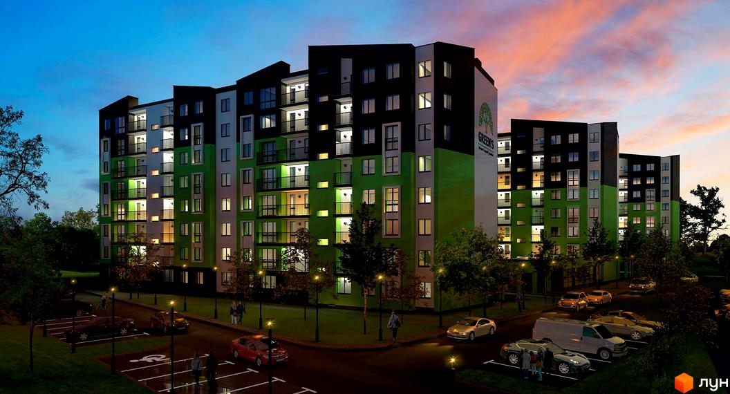 Житловий комплекс Green's з багатоповерховими будинками у зелено-біло-чорних кольорах фасаду. Вечірній вигляд з освітленими вікнами, парковками та зеленими насадженнями.