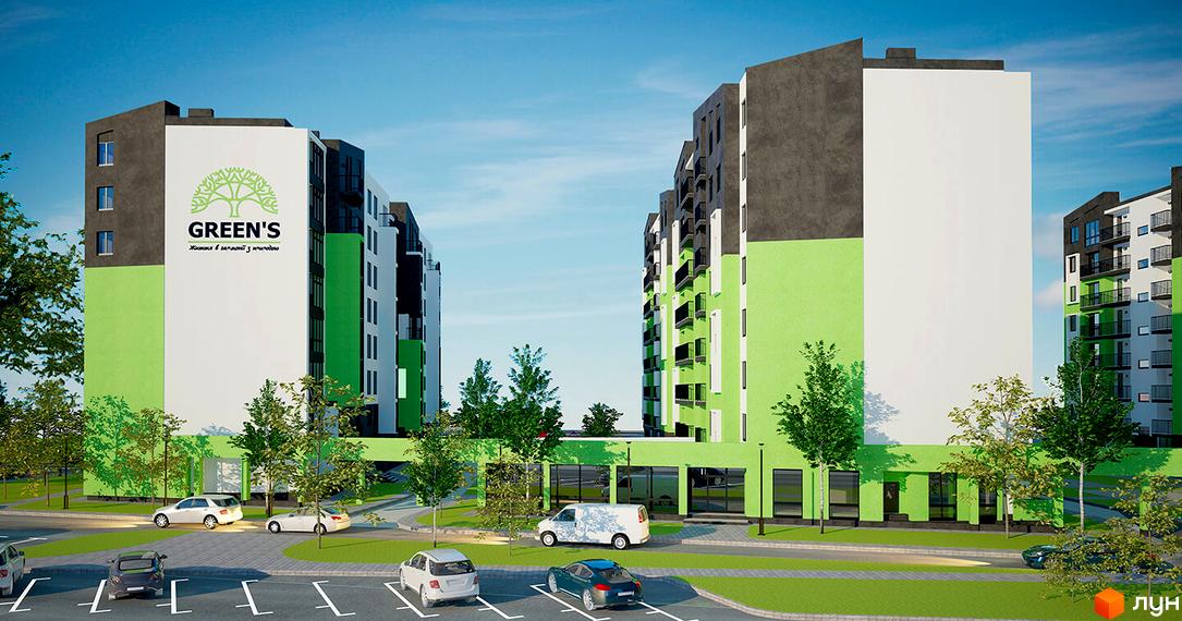 Зображення фасаду та прибудинкової території Житлового комплексу Green's. На фото будівлі з зеленими та білими стінами, дерева та парковка.