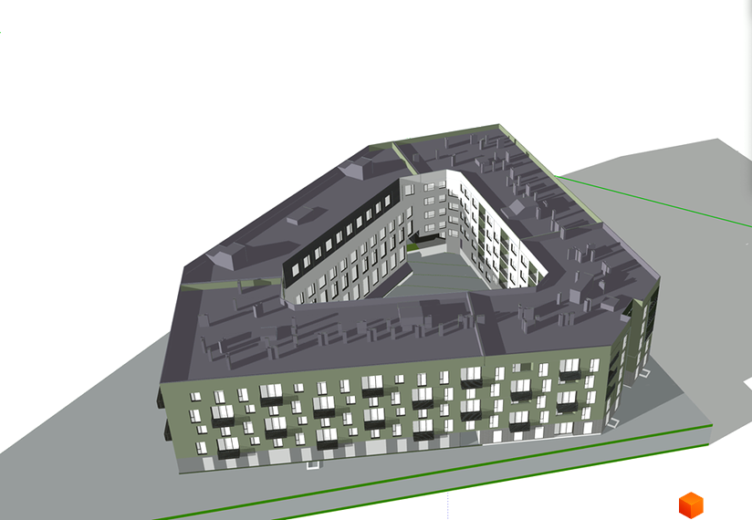 Зображення сторінки житлового комплексу Park Town. Багатоквартирний будинок з великою кількістю вікон та балконів, розташований у формі багатокутника з внутрішнім двором.