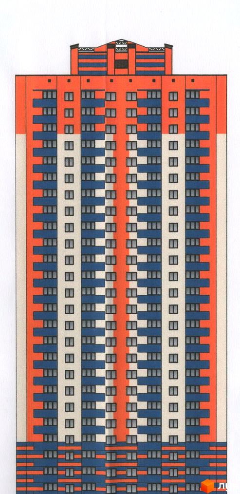 Фасад новобудови на вул. Григоренка, 12а. Багатоповерхова будівля в помаранчевих, синіх та світлих тонах з балконами та вікнами.