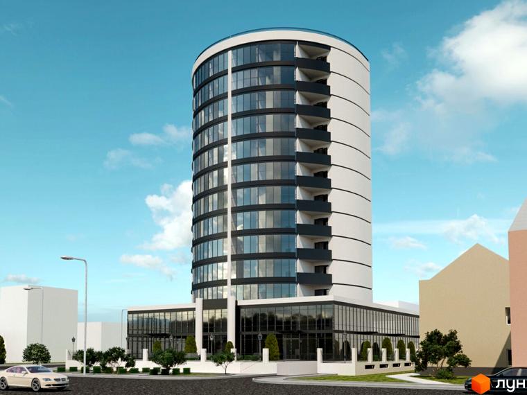 Житловий комплекс Покровський: висотна будівля округлої форми з великими вікнами та балконами, розташована біля дороги з зеленими насадженнями.